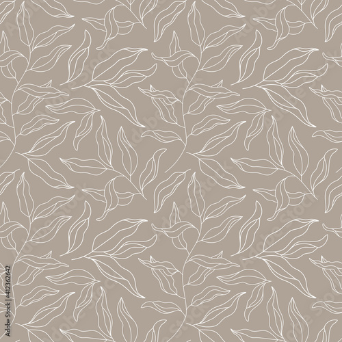Outline Willow Tree Branch seamless pattern. Eucalyptus Leaves modern contour ornament. Line art Plant, Laurel Twig. Floral vector background, texture for textile print, scrapbooking, wrapping paper