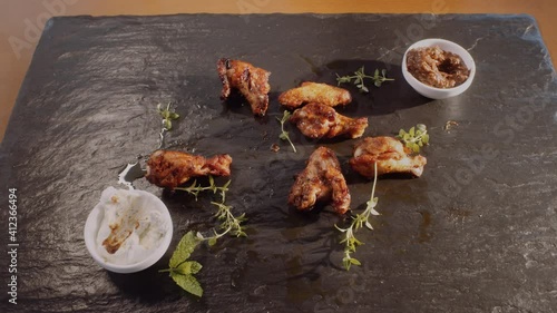 Time lapse of dissapearing food. Top down view of delicious, fresh chicken wings on a black stone table. Tasty, grilled fast food served with herbs. photo