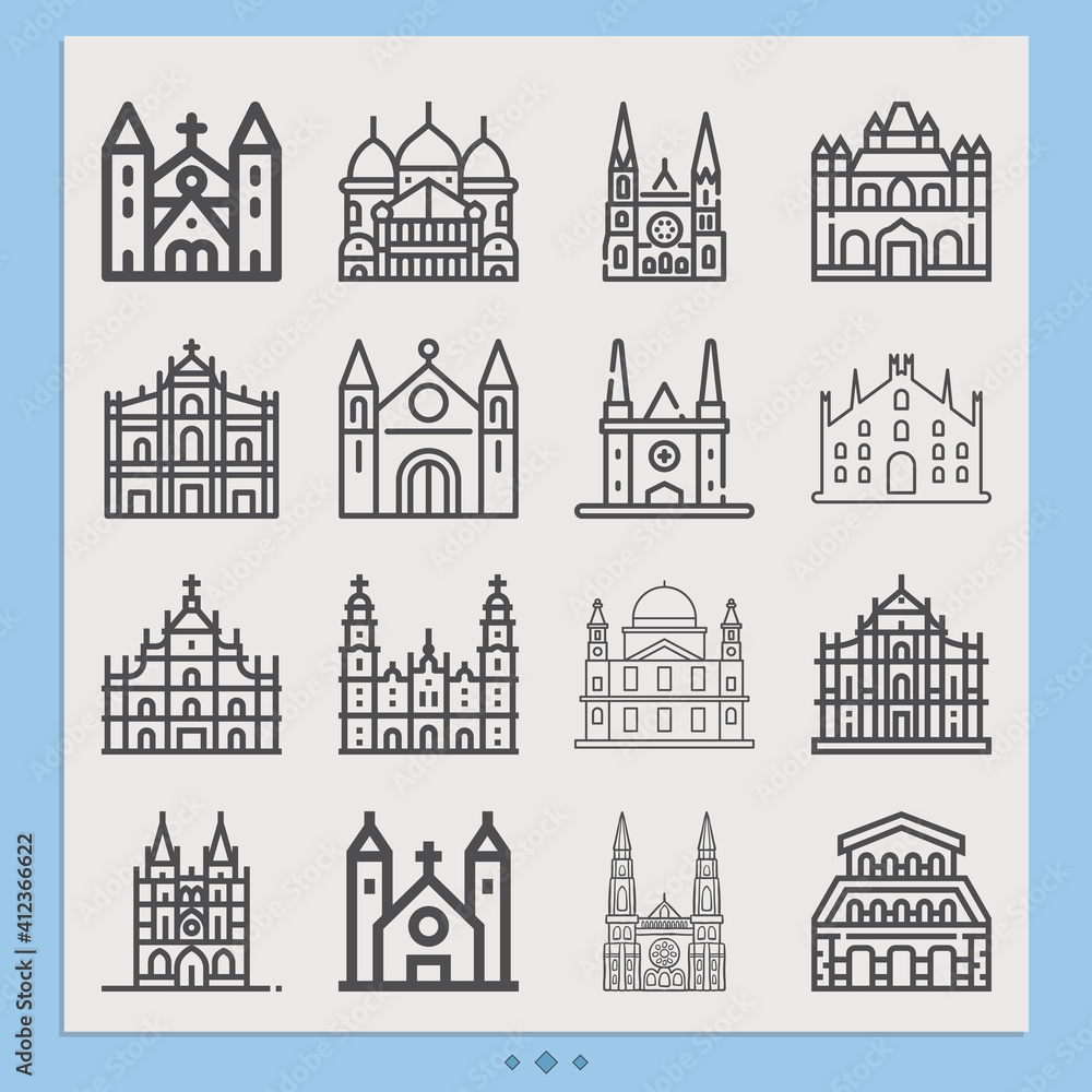 Simple set of church building related lineal icons.