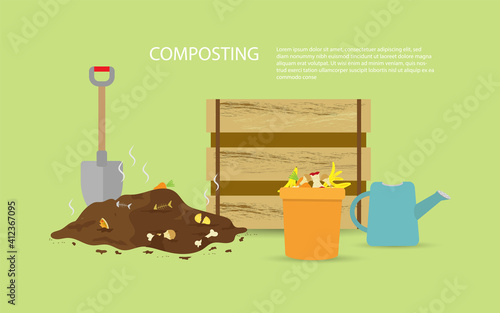 Compost illustration, compost bin  with organic waste illustration for waste composting,  waste recycling concept for compost organic waste vector illustration. 