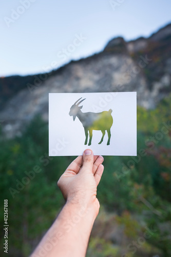 Ibex silhouette on mountain background photo