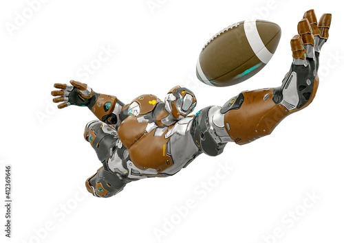 futuristic astronaut is jumping to catch an american football ball close up view