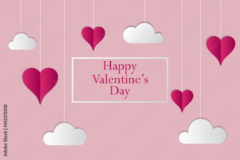 Valentines day holiday concept template with hanging paper hearts and clouds and space for text. Vector illustration in flat style