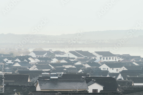 high angle view of houses in town against clear sky photo