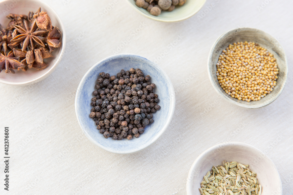 Spices for pickling - mustard seed, fennel, all spice, peppercorns, star anise Spices for pickling - mustard seed, fennel, all spice, peppercorns, star anise