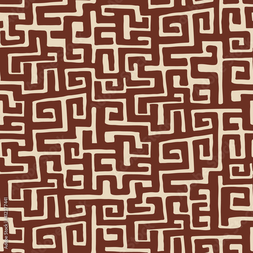 African hand drawn ethnic style vector seamless pattern. Kuba geometric textile swatch. Trendy boho tribal tile.