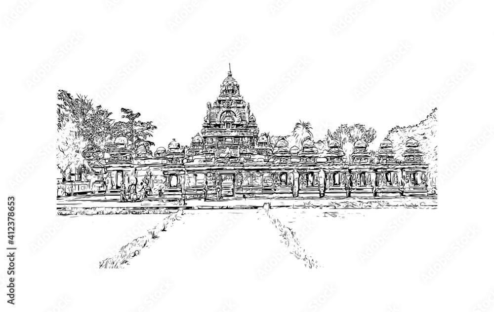 Building view with landmark of South India is the
region in India. Hand drawn sketch illustration in vector.