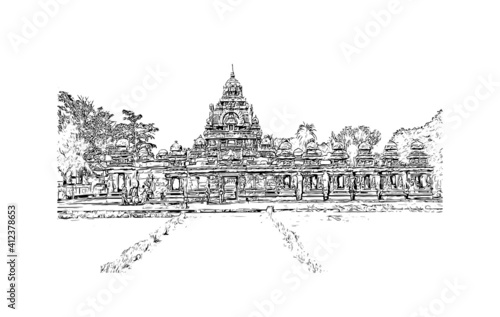 Obraz na płótnie Building view with landmark of South India is the
region in India. Hand drawn sketch illustration in vector. w salonie