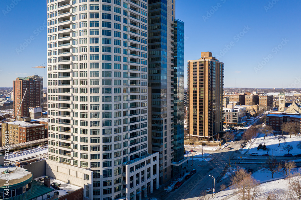 Milwaukee, WI USA - February 09, 2021: Aerial view of the University Club condos