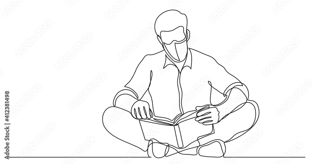 continuous line drawing of man sitting on floor reading book wearing ...