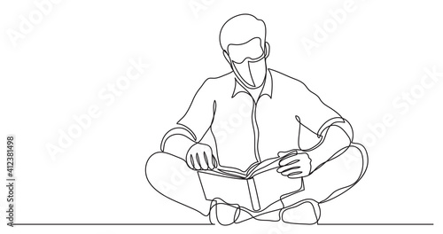 continuous line drawing of man sitting on floor reading book wearing face mask