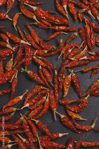 Dried chillies shot from above.