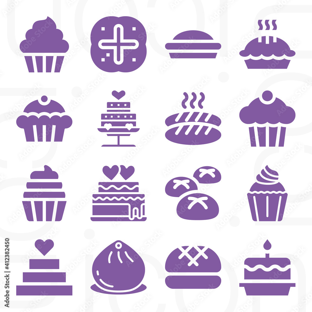 16 pack of baked goods  filled web icons set