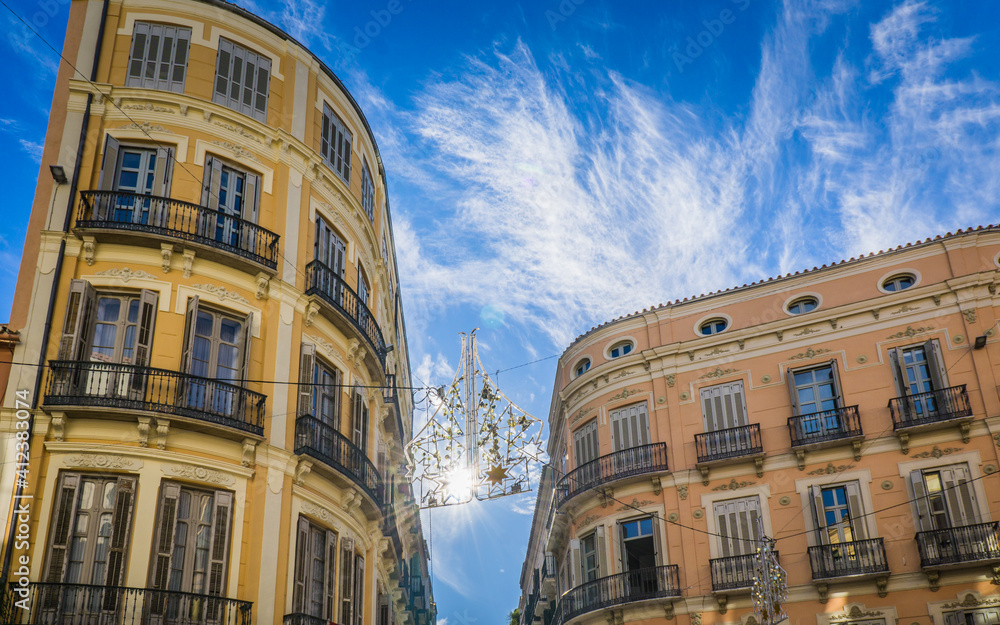 Typical facades in the historic center of Malaga, a city located in Andalucia, spain