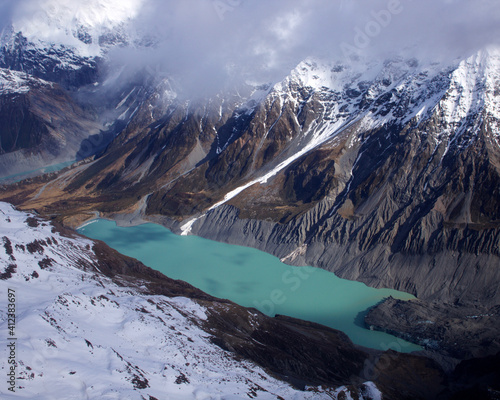 Aerial view of Lake Tasman, a glacial lake near Mount Cook in New Zealand