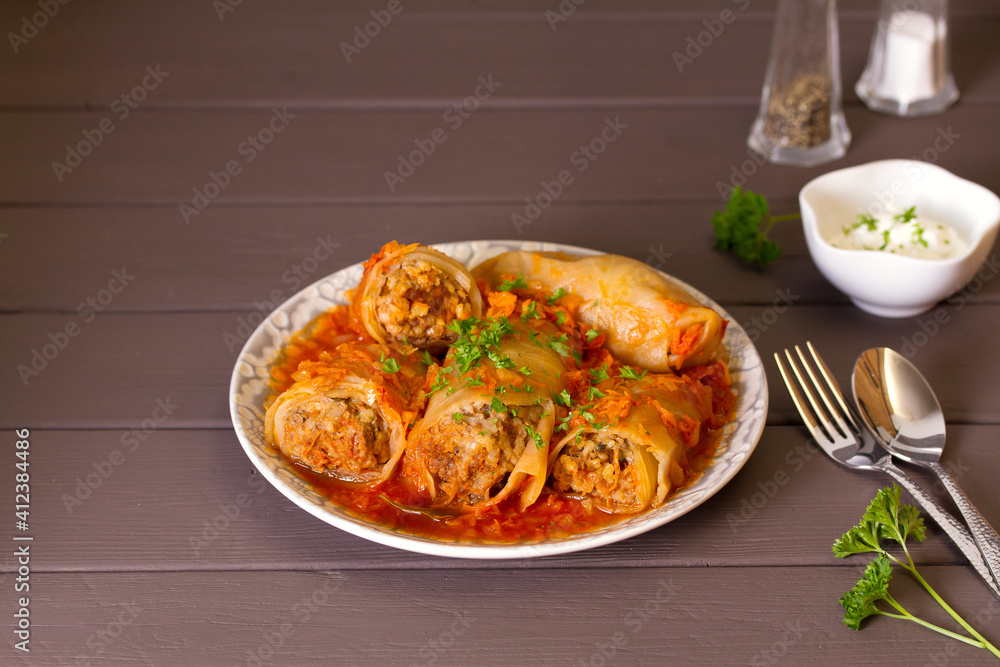 Cabbage rolls with meat, rice and vegetables. Chou farci, dolma, sarma, golubtsi or golabki Cabbage rolls with meat, rice and vegetables. Chou farci, dolma, sarma, golubtsi or golabki