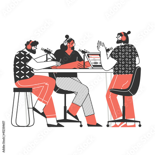 People record podcasts with their equipment. Shots of podcasters, at home or in a studio. Podcasting, online radio. ommunicating with an audience using technology. Vector illustration.