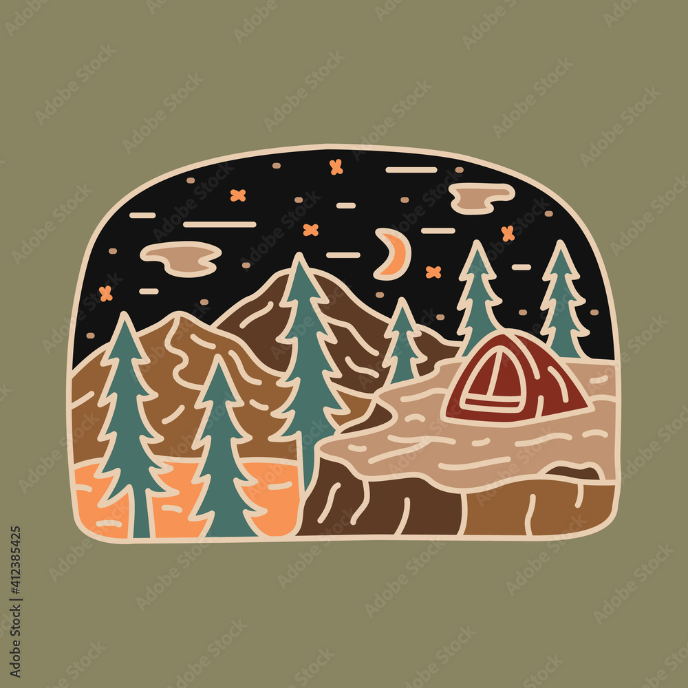 Camping nature adventure wild line badge patch pin graphic illustration vector art t-shirt design Camping nature adventure wild line badge patch pin graphic illustration vector art t-shirt design
