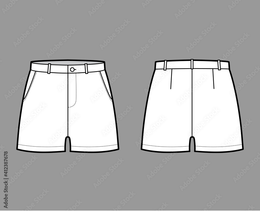 Short pants technical fashion illustration with mid-thigh length, low waist, rise, slashed pocket. Flat bottom apparel template front, back, white color style. Women, men, unisex CAD mockup Short pants technical fashion illustration with mid-thigh length, low waist, rise, slashed pocket. Flat bottom apparel template front, back, white color style. Women, men, unisex CAD mockup