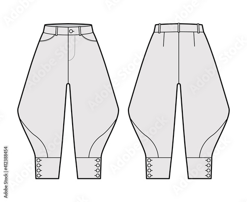 Riding breeches short pants technical fashion illustration with knee length, normal waist, high rise, curved pocket, buttoned. Flat bottom template front, back, grey color style. Women, men CAD mockup