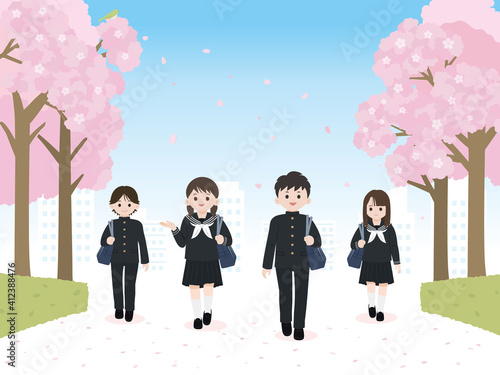 学生　中高生　桜　桜並木　通学　風景　イラスト素材