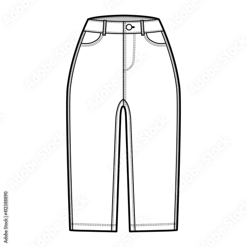 Denim short pants technical fashion illustration with knee length, normal waist, high rise, curved, coin, angled 5 pockets. Flat breeches bottom template front white color style. Women, men CAD mockup