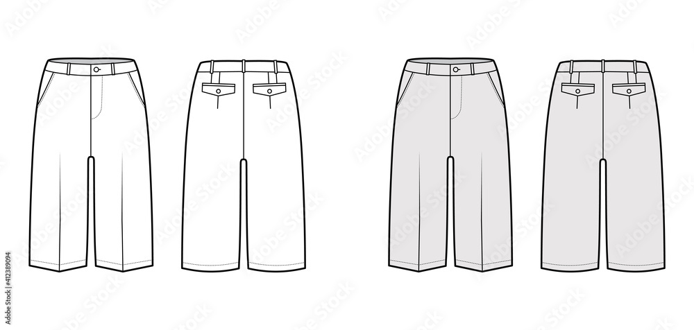 Short Bermuda pants technical fashion illustration with knee length, low waist, rise, slashed pocket. Flat walking bottom template front, back, white grey color style. Women, men unisex CAD mockup Short Bermuda pants technical fashion illustration with knee length, low waist, rise, slashed pocket. Flat walking bottom template front, back, white grey color style. Women, men unisex CAD mockup
