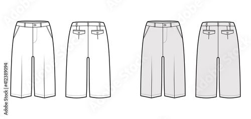Short Bermuda pants technical fashion illustration with knee length, low waist, rise, slashed pocket. Flat walking bottom template front, back, white grey color style. Women, men unisex CAD mockup