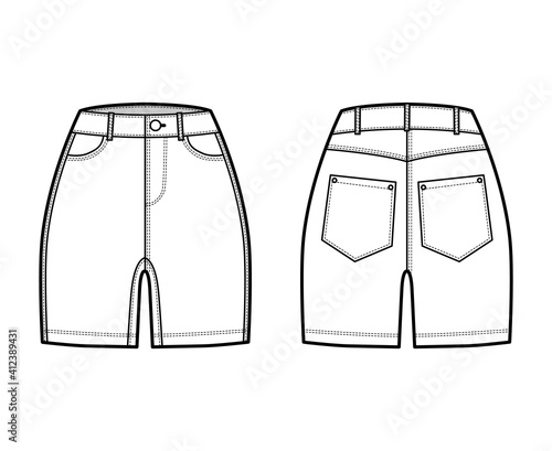 Denim short pants technical fashion illustration with mid-thigh length, normal waist, high rise, curved 5 pockets. Flat bottom template front, back, white color style. Women, men, unisex CAD mockup