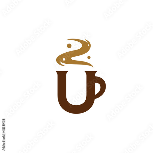 Letter U coffee cafe logo, hot coffee tea or chocolate mug simple logo icon