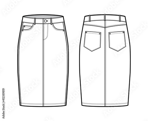 Denim pencil skirt technical fashion illustration with knee length, low waist rise, curved, coin, angled pockets. Flat bottom template front, back, white color style. Women, men, unisex CAD mockup