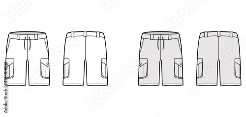 Short cargo technical fashion illustration with mid-thigh length, low waist, rise, slashed, bellows pocket, . Flat Bermuda bottom template front, back, white grey color style. Women, men CAD mockup