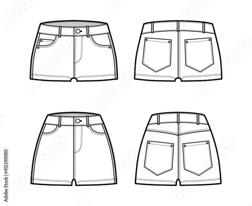 Set of Denim hot shorts pants technical fashion illustration with micro mini length, normal low waist, high low rise, coin 5 pockets. Flat bottom template front back white color. Women, men CAD mockup