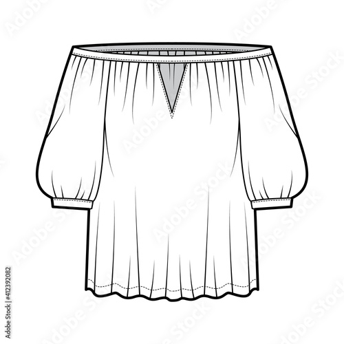 Off-the-shoulder blouse Bardot technical fashion illustration with bouffant elbow sleeves, oversized. Flat apparel top template front, white color. Women, men unisex CAD mockup