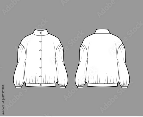 Balkan blouse technical fashion illustration with bouffant dropped long sleeves, stand neck, oversized, button up. Flat apparel top template front, back, white color. Women, men unisex CAD mockup