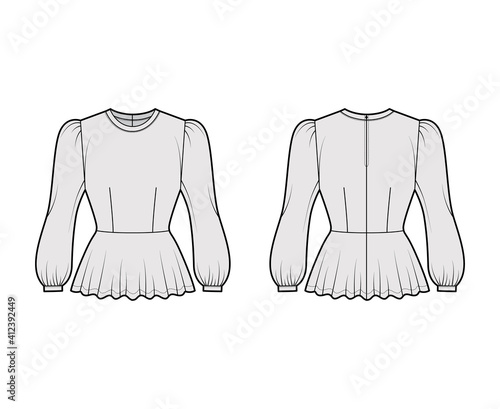 Peplum blouse technical fashion illustration with bouffant long sleeves, scoop neck, fitted body. Flat shirt apparel top template front, back, grey color. Women, men unisex CAD mockup