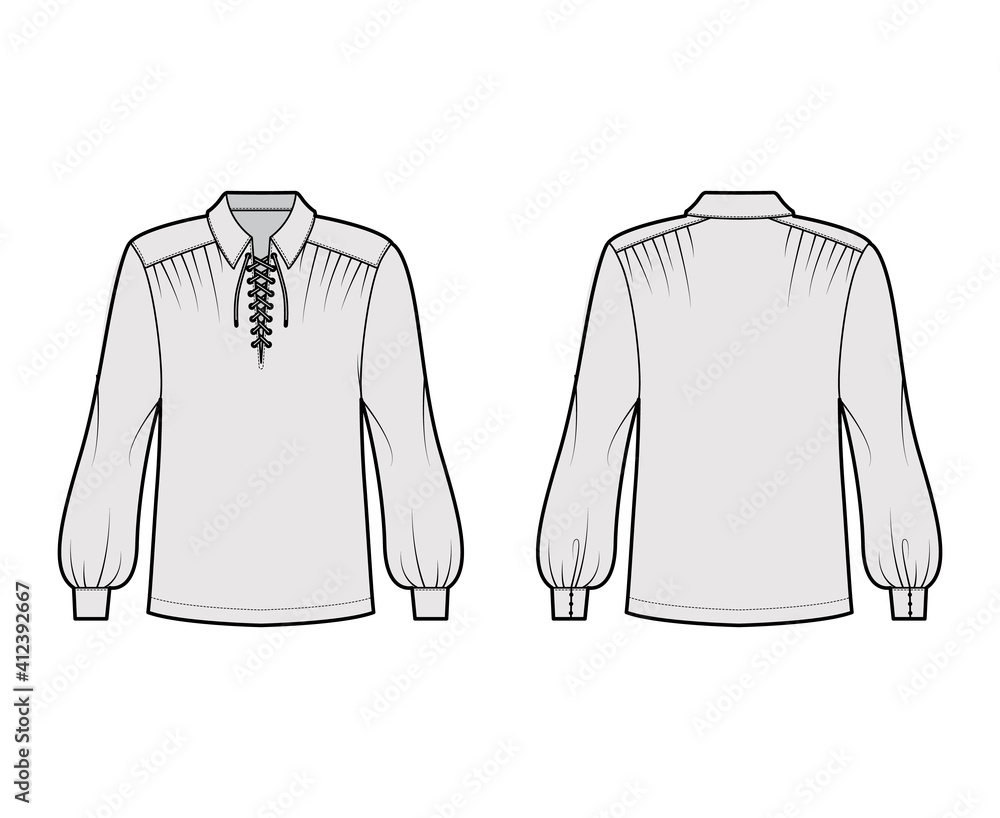 Pirate blouse technical fashion illustration with bouffant long sleeves, poet lacing collar, oversized, tunic length. Flat apparel top template front, back, grey color. Women, men unisex CAD mockup - obrazy, fototapety, plakaty 