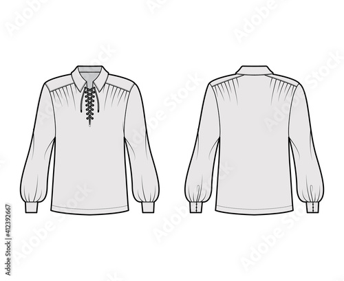 Pirate blouse technical fashion illustration with bouffant long sleeves, poet lacing collar, oversized, tunic length. Flat apparel top template front, back, grey color. Women, men unisex CAD mockup
