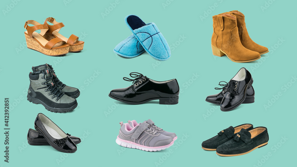 A set of shoes for the whole family on a blue background. A set of shoes for the whole family on a blue background.