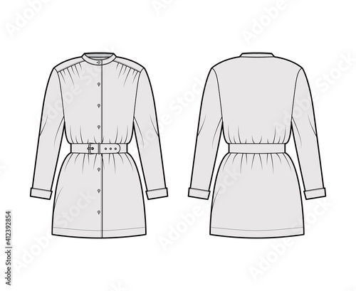 Belted blouse technical fashion illustration with long sleeves, stand collar, oversized, button up, enlarged hem. Flat apparel top template front, back, grey color. Women, men unisex CAD mockup