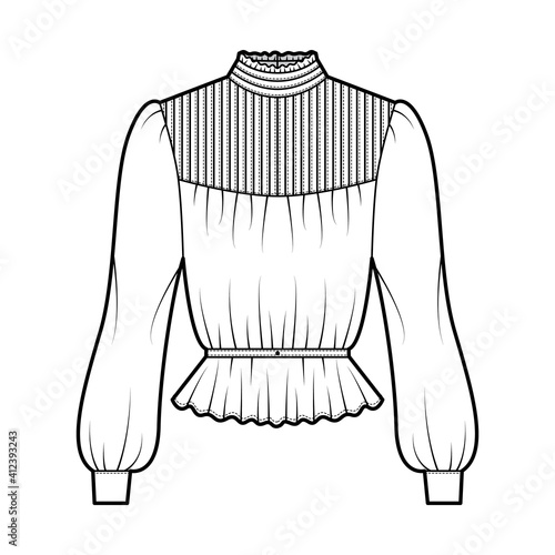 Gibson blouse technical fashion illustration with puff long sleeves, stand collar, peplum hem, fitted body, pintucked. Flat apparel top template front, white color. Women, men unisex CAD mockup