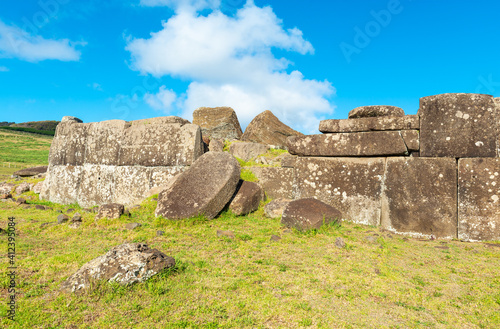 Ahu Vinapu platform with mysterious Inca Wall, Easter Island (Rapa Nui), Chile.