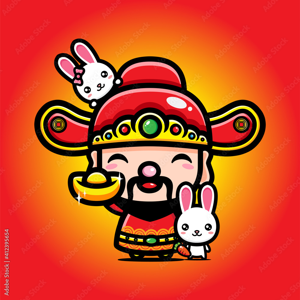 Fototapeta premium god of wealth / cai shen cute cartoon character with rabbit animal