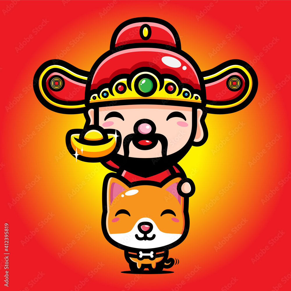 cute dog animal cartoon character riding god of wealth / cai shen cute dog animal cartoon character riding god of wealth / cai shen