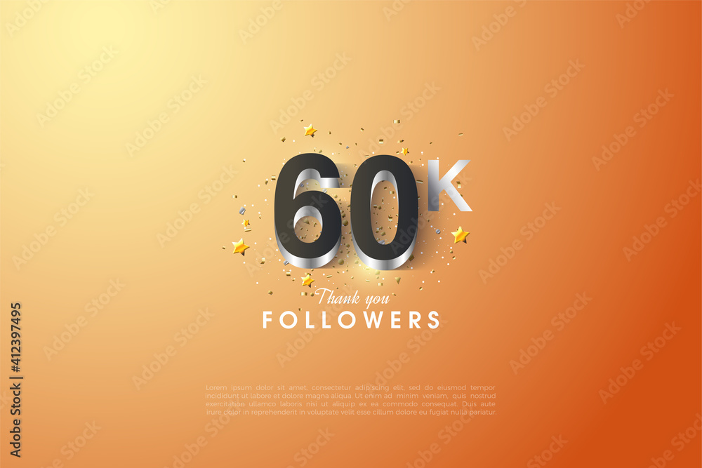 60k followers with glossy silver plated numbers and letters illustrations.