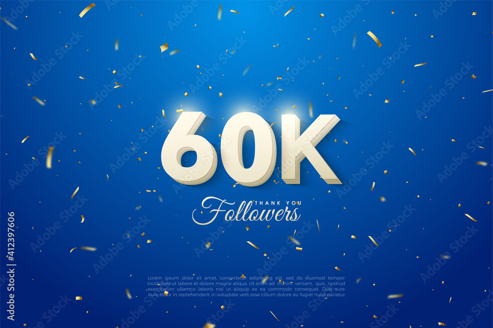 60k followers with glowing number illustration on top and gold speckled blue background.