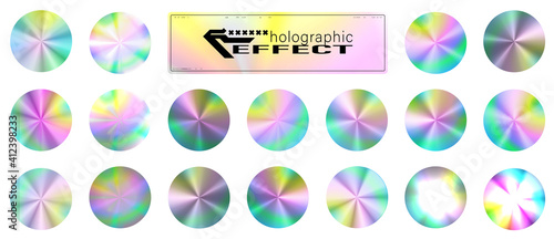 Holographic glitter texture collection. Round shiny gradient foil texture. Trendy background for logos, posters, covers. Pastel neon rainbow. Ultraviolet metallic paper. Holographic template. Vector