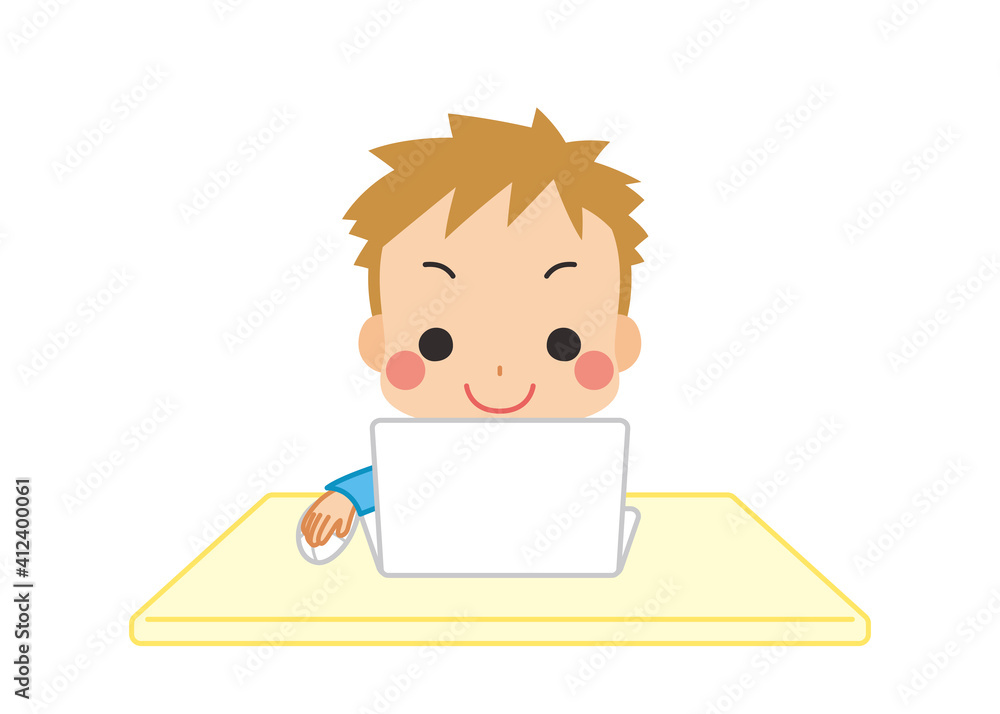 ノートパソコンでオンライン授業を受けている可愛い小さな男の子のイラスト　eラーニング　家庭学習