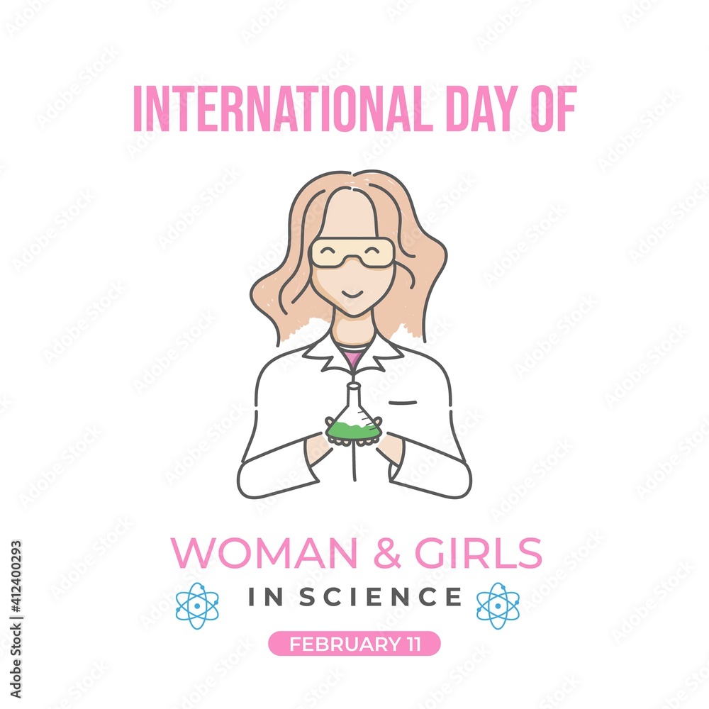 International Day of women and girls in science. Outline drawing style of scientist holding a chemical bottle. Usable for social media and banner. Flat design vector. International Day of women and girls in science. Outline drawing style of scientist holding a chemical bottle. Usable for social media and banner. Flat design vector.