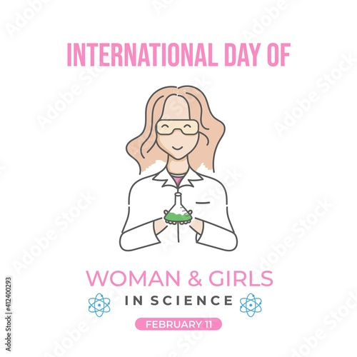 International Day of women and girls in science. Outline drawing style of scientist holding a chemical bottle. Usable for social media and banner. Flat design vector.
